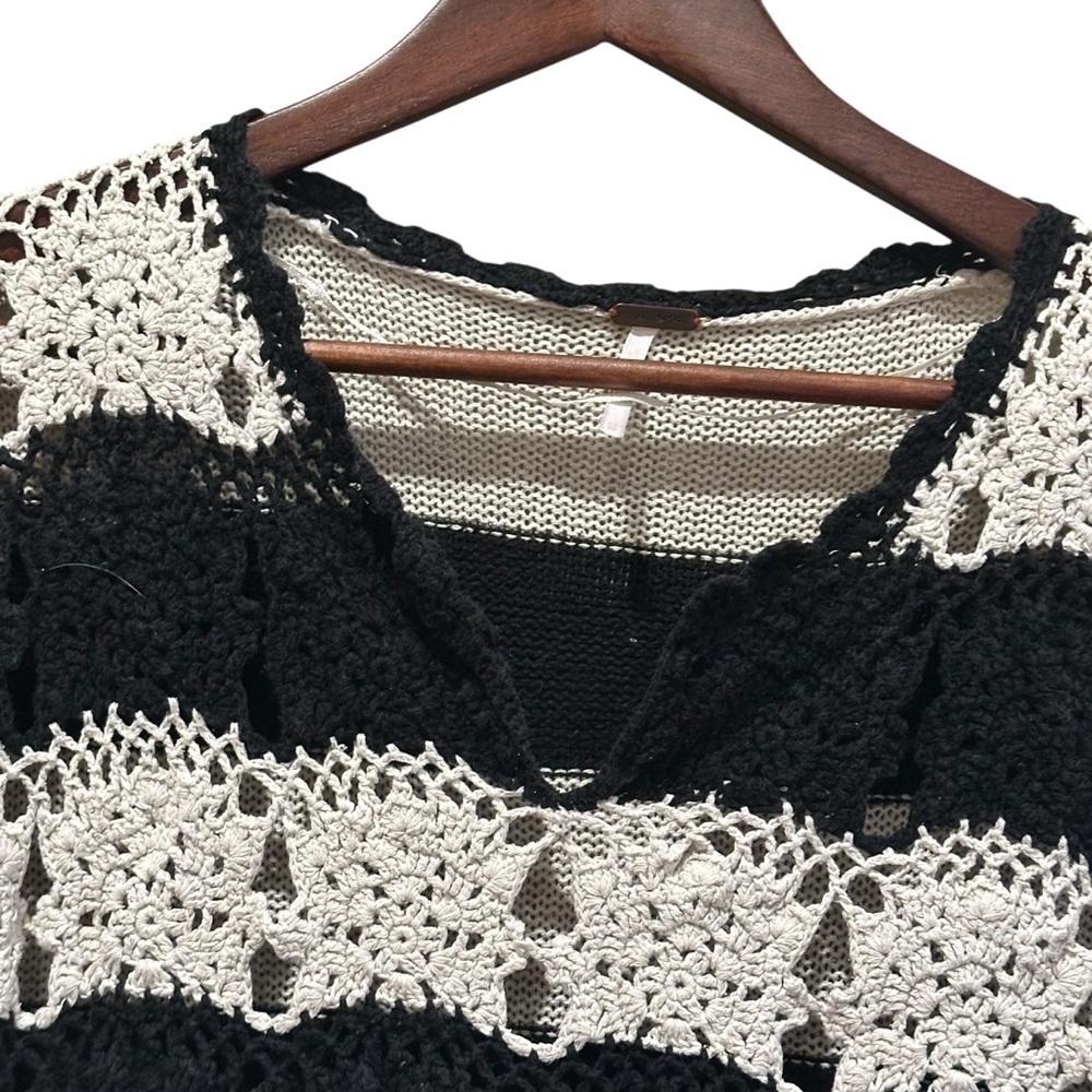 Free People Crochet Top Silk Linen Cotton Black White Striped Tunic Size XS - Picture 3 of 12